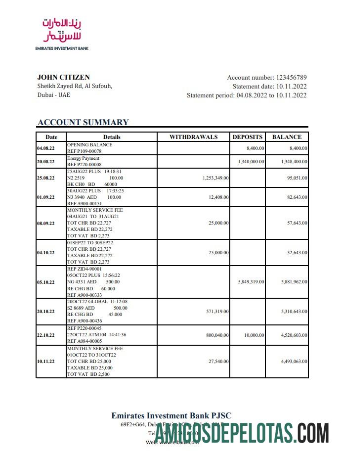 Exemplo de Extrato Xls do Banco de Investimento dos Emirados Árabes Unidos
